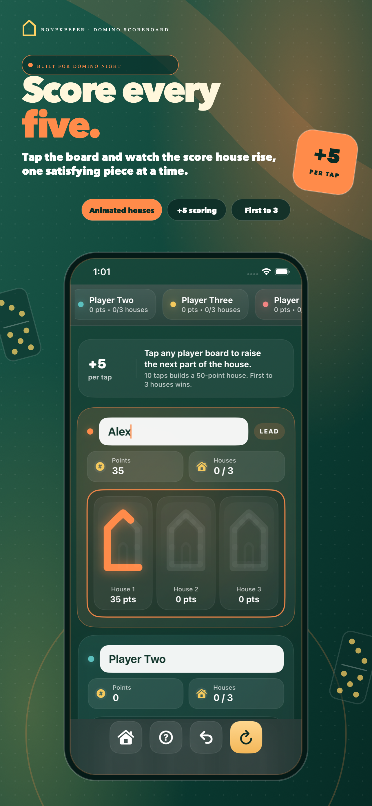 BoneKeeper animated five-point score house