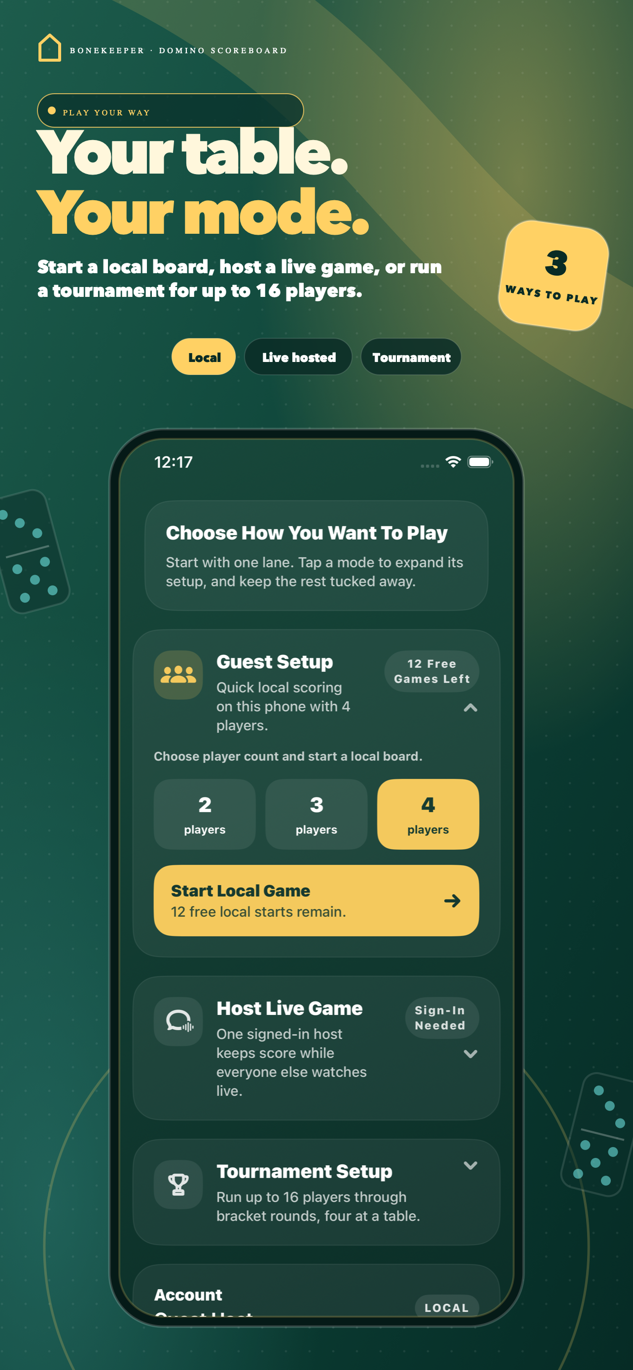 BoneKeeper local, live, and tournament game modes