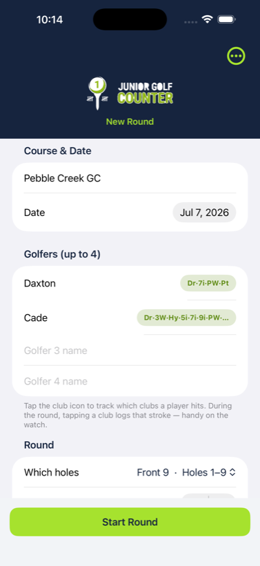 Round setup with golfers and club bags